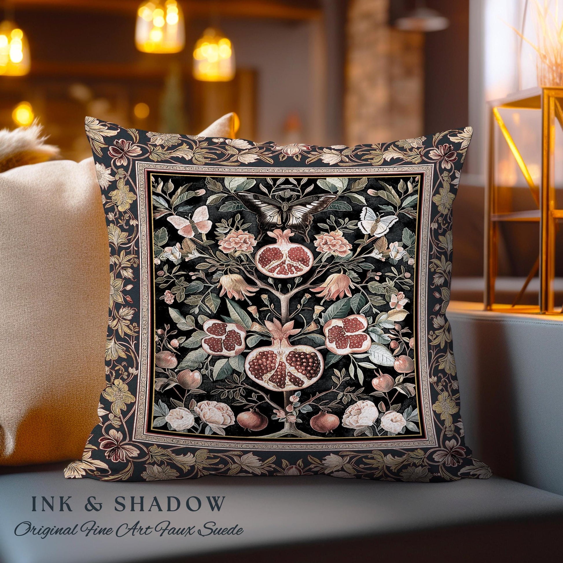 Victorian Gothic Floral Pomegranate Pillow Botanical Vintage Aesthetic| Enchanted Forest Butterfly Moth Woodland Wildflower Tapestry Cushion