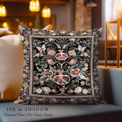 Victorian Gothic Floral Pomegranate Pillow Botanical Vintage Aesthetic| Enchanted Forest Butterfly Moth Woodland Wildflower Tapestry Cushion