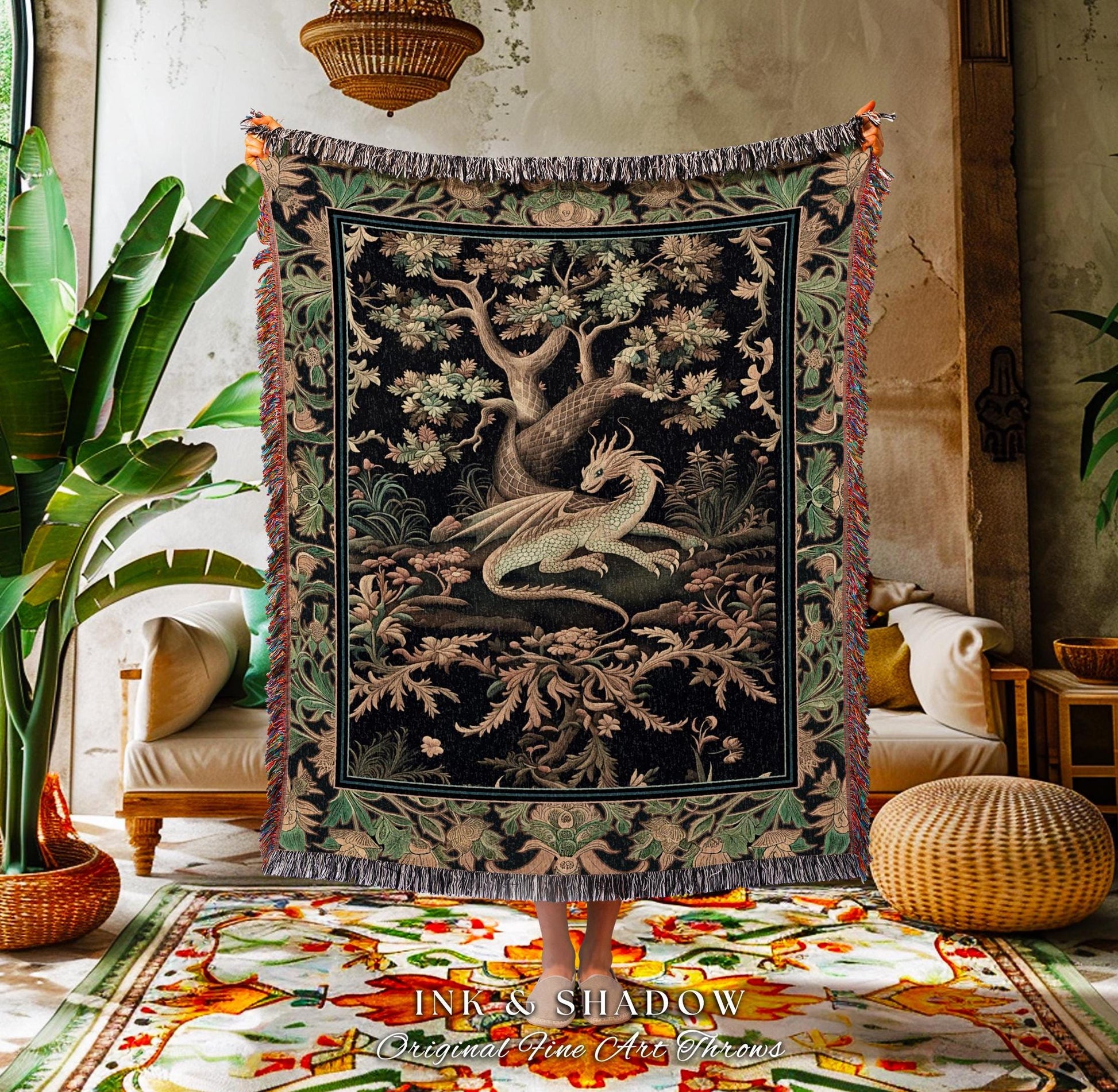 Ethereal Dragon Art Tapestry Throw Enchanted Decor Fantasy Forest Whimsical Woodland Gothic Decor | Fairytale Whimsy Art Deco Dragon Blanket
