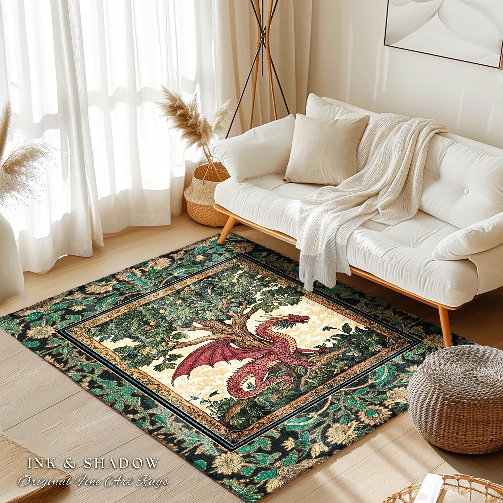 Reading Room Medieval Dragon Rug | Storybook Woodland Folklore Aesthetic Whimsical Princesscore Fairytale Accent Rug Tree of Life Victorian