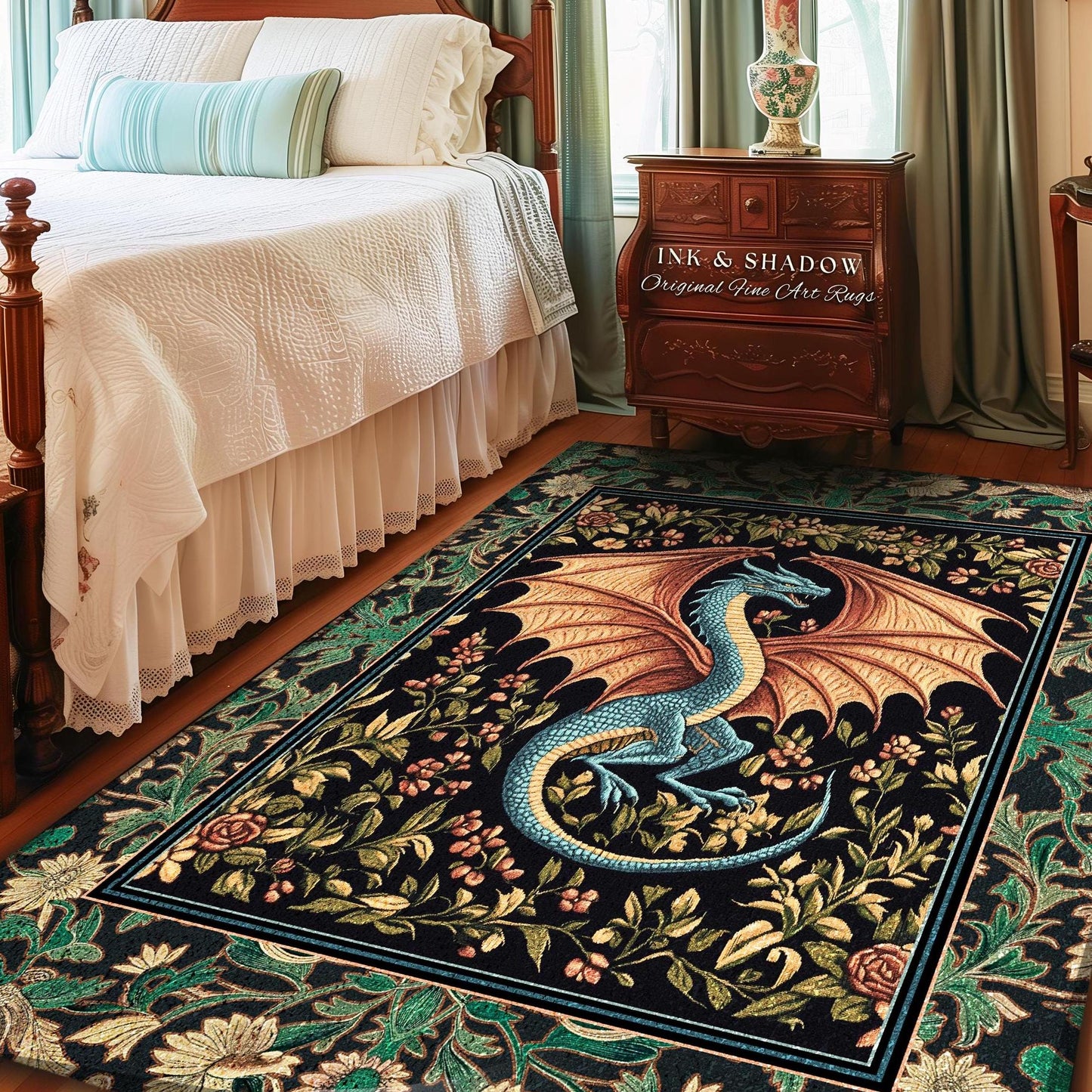 Fairycore Dragon Elegant Area Rug | Castlecore Fantasy Aesthetic Bedroom Middle Ages Medieval Storybook Home Decor Mythical Woodland Whimsy