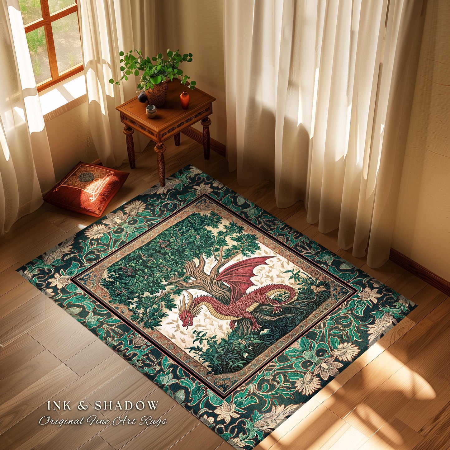 Reading Room Medieval Dragon Rug | Storybook Woodland Folklore Aesthetic Whimsical Princesscore Fairytale Accent Rug Tree of Life Victorian