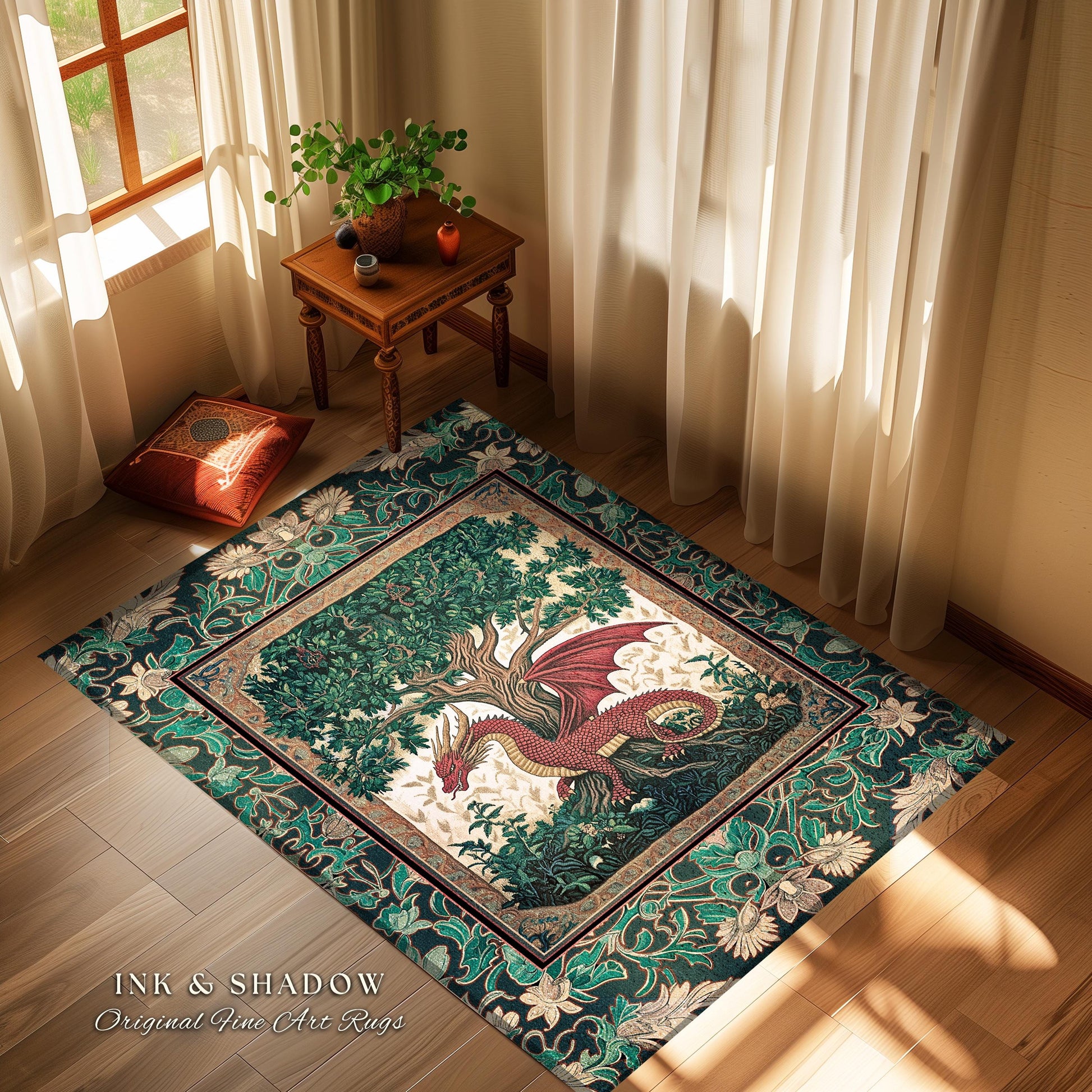 Reading Room Medieval Dragon Rug | Storybook Woodland Folklore Aesthetic Whimsical Princesscore Fairytale Accent Rug Tree of Life Victorian