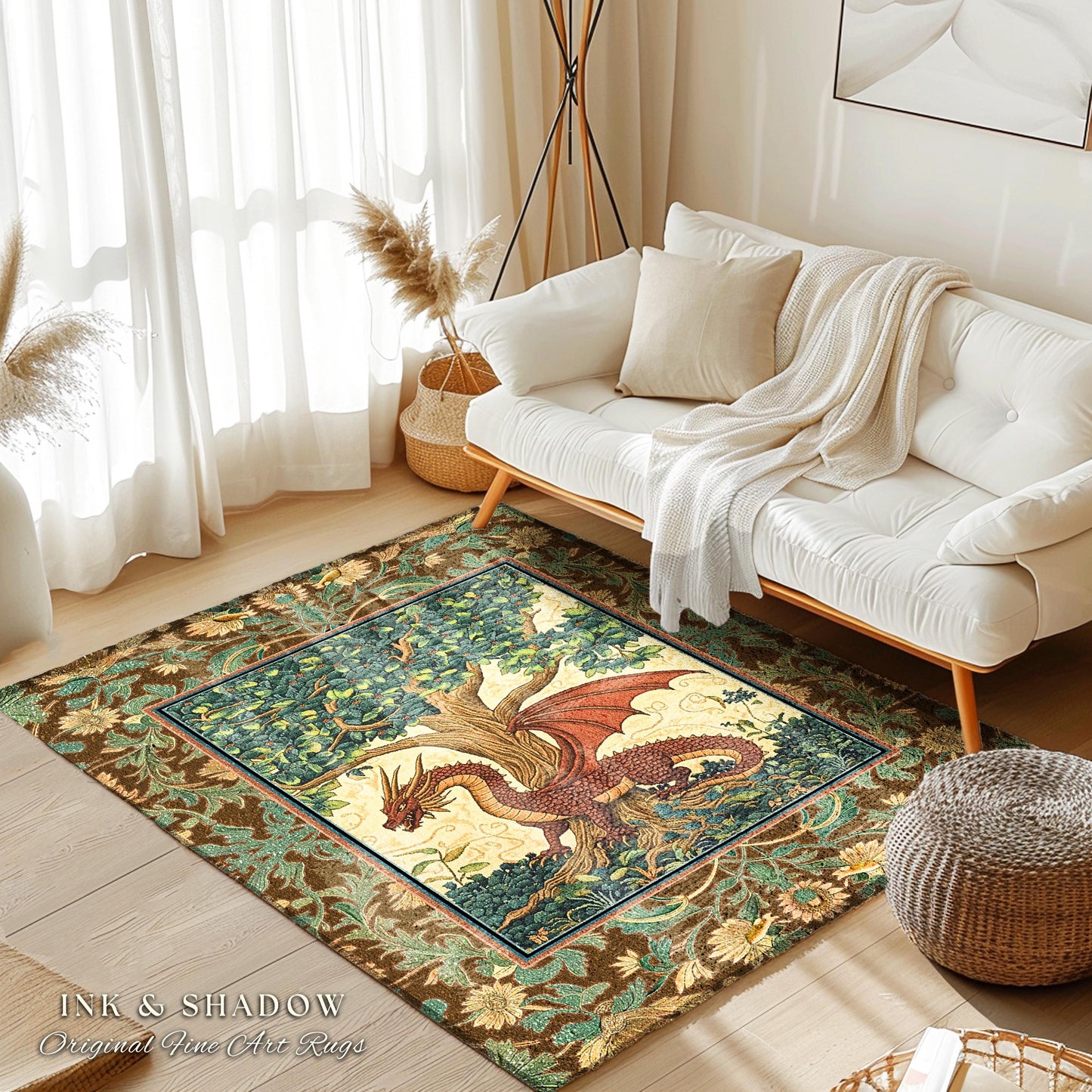 Dark Botanical Dragon Accent Rug | Ethereal Aesthetic Whimsigothic Dark Academia Decor Crowcore Fairytale Witchy Bedroom Victorian Gothic