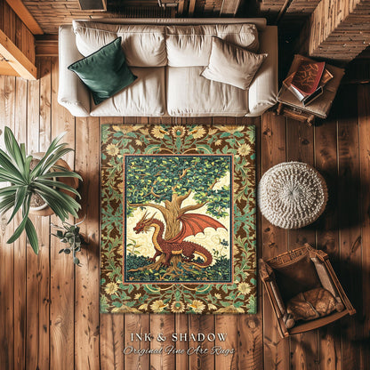 Dark Botanical Dragon Accent Rug | Ethereal Aesthetic Whimsigothic Dark Academia Decor Crowcore Fairytale Witchy Bedroom Victorian Gothic