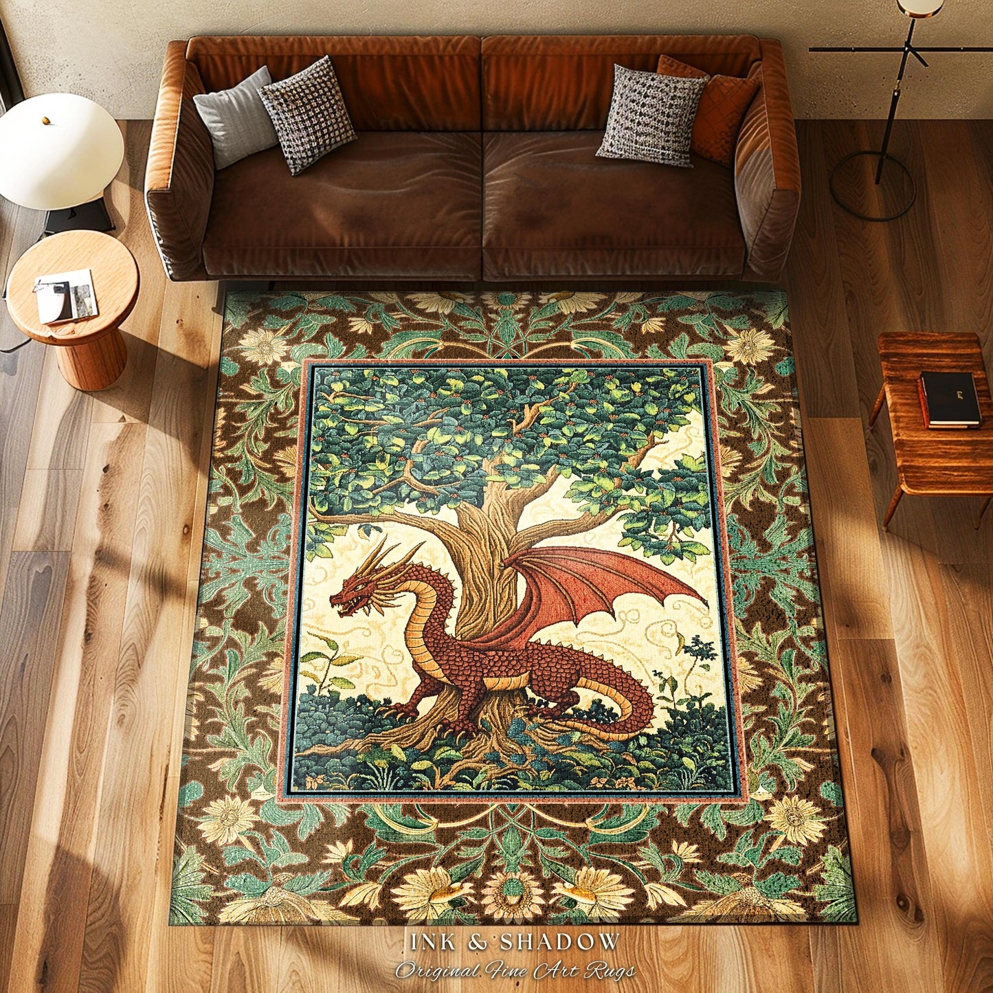 Dark Botanical Dragon Accent Rug | Ethereal Aesthetic Whimsigothic Dark Academia Decor Crowcore Fairytale Witchy Bedroom Victorian Gothic