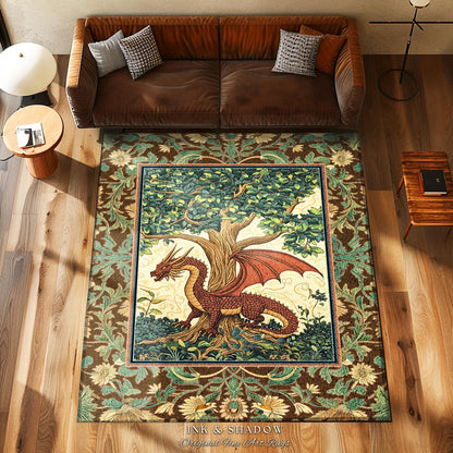 Dark Botanical Dragon Accent Rug | Ethereal Aesthetic Whimsigothic Dark Academia Decor Crowcore Fairytale Witchy Bedroom Victorian Gothic