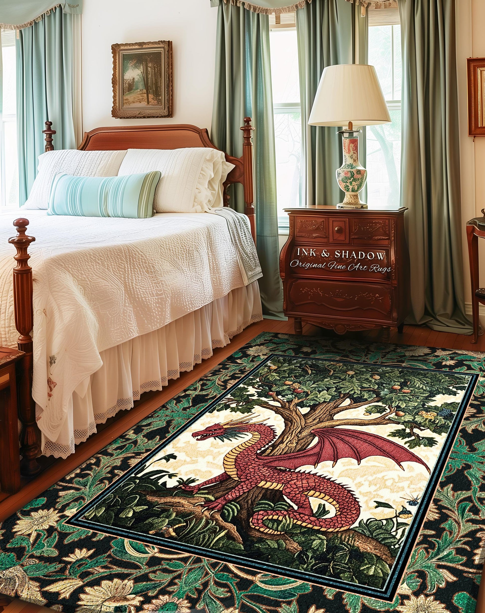 Magical Fantasy Inspired Dragon Rug | Ethereal Medieval Nordic Tree of Life Fairytale Bedroom Whimsigothic Dark Academia Rustic Decor Mystic