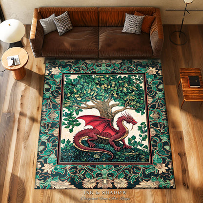 Medieval Woodland Dragon Accent Rug | Botanical Goblincore Bedroom Whimsigothic Style Fairycore Cottagecore Aesthetic Moody Dark Academia |