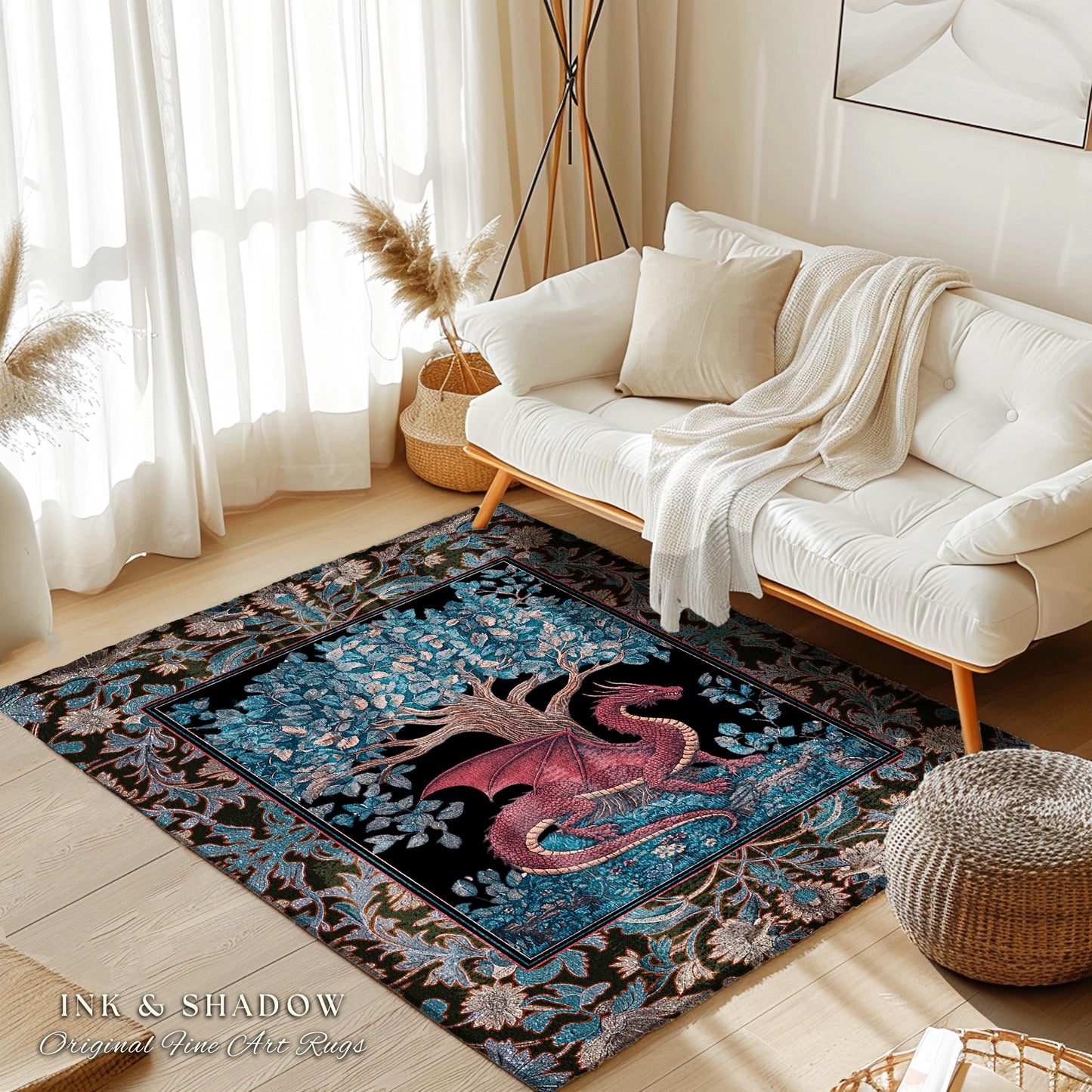 Folk Art Dragon Theme Rug | Dark Botanical Woodland Moody Bedroom Baroque Fantasy Tree Home Accent Fantasy Aesthetic Mythical Creatures Art