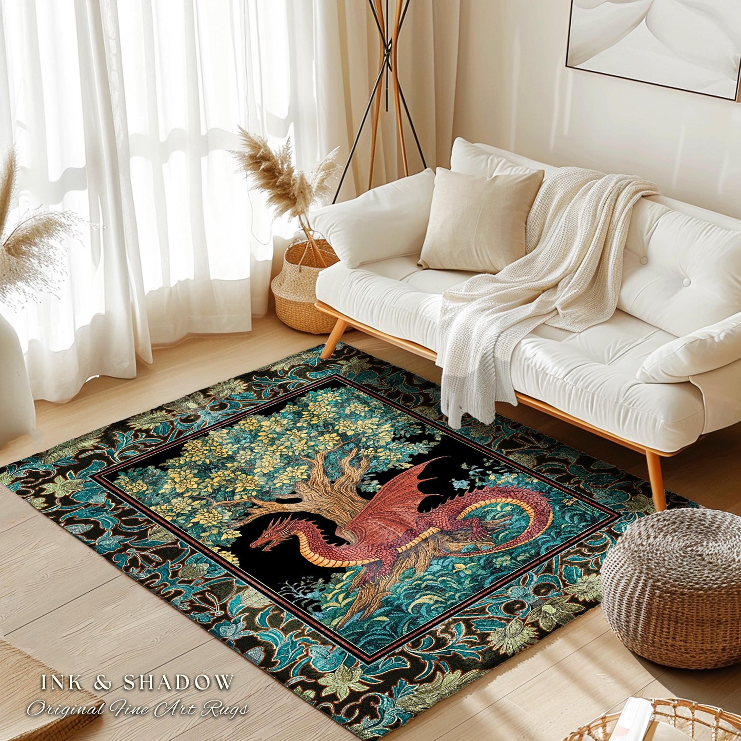 Middle Ages Woven Dragon Rug | Mythical Creatures Woodland Whimsy Fairycore Bedroom Baroque Fantasy Tapestry Area Rug Goblincore Home Accent