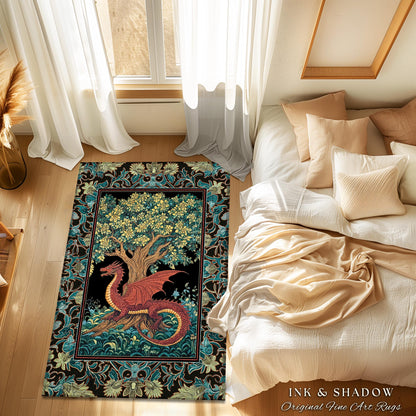 Middle Ages Woven Dragon Rug | Mythical Creatures Woodland Whimsy Fairycore Bedroom Baroque Fantasy Tapestry Area Rug Goblincore Home Accent