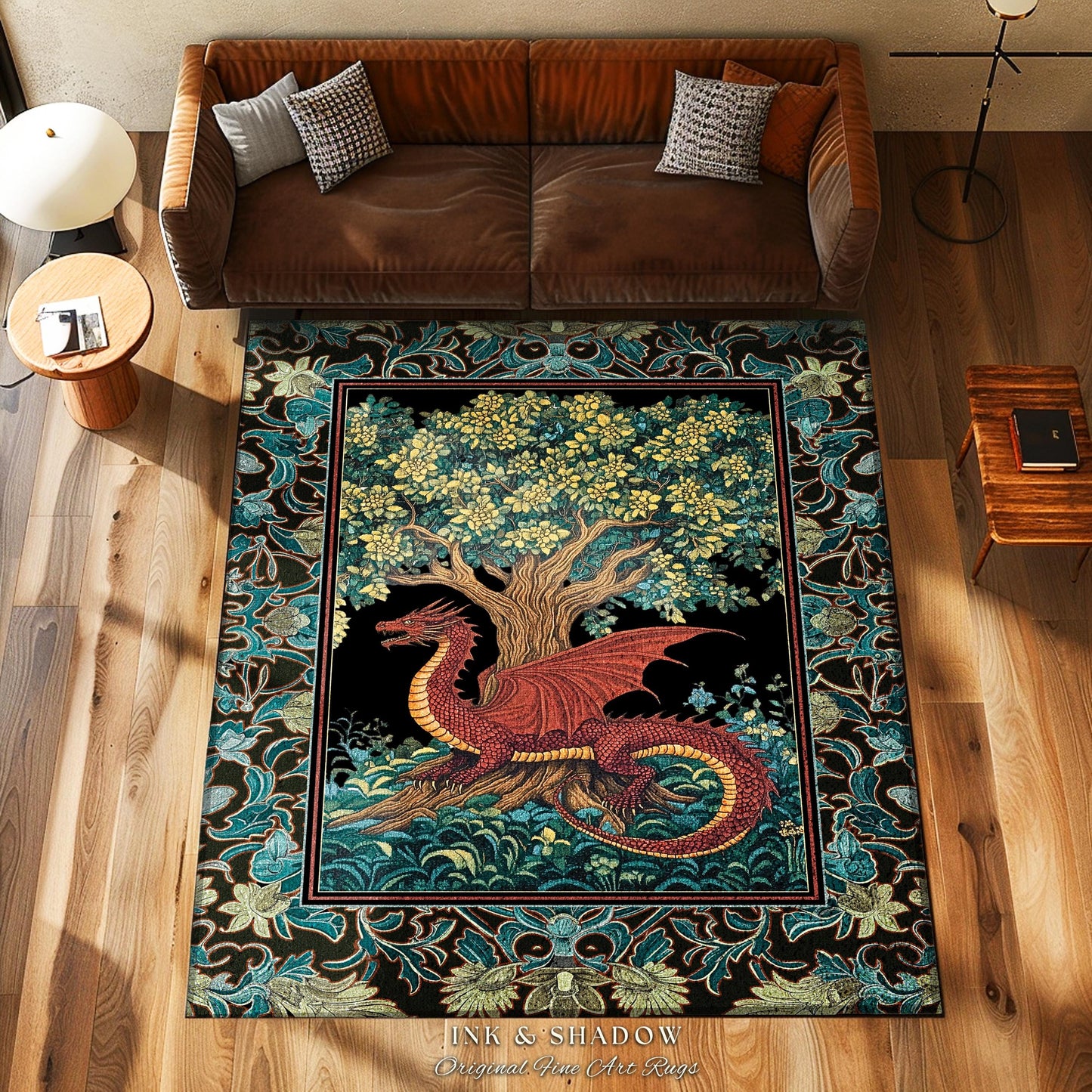 Middle Ages Woven Dragon Rug | Mythical Creatures Woodland Whimsy Fairycore Bedroom Baroque Fantasy Tapestry Area Rug Goblincore Home Accent