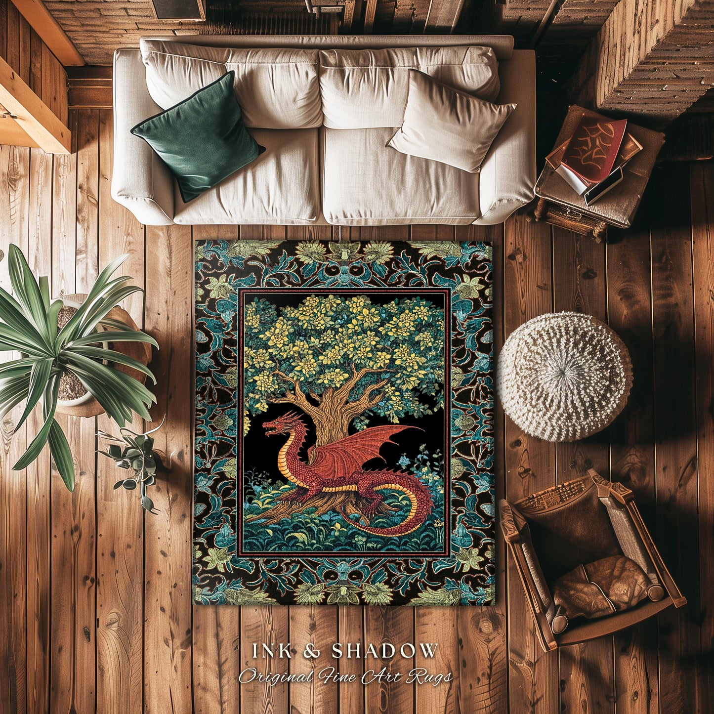 Middle Ages Woven Dragon Rug | Mythical Creatures Woodland Whimsy Fairycore Bedroom Baroque Fantasy Tapestry Area Rug Goblincore Home Accent