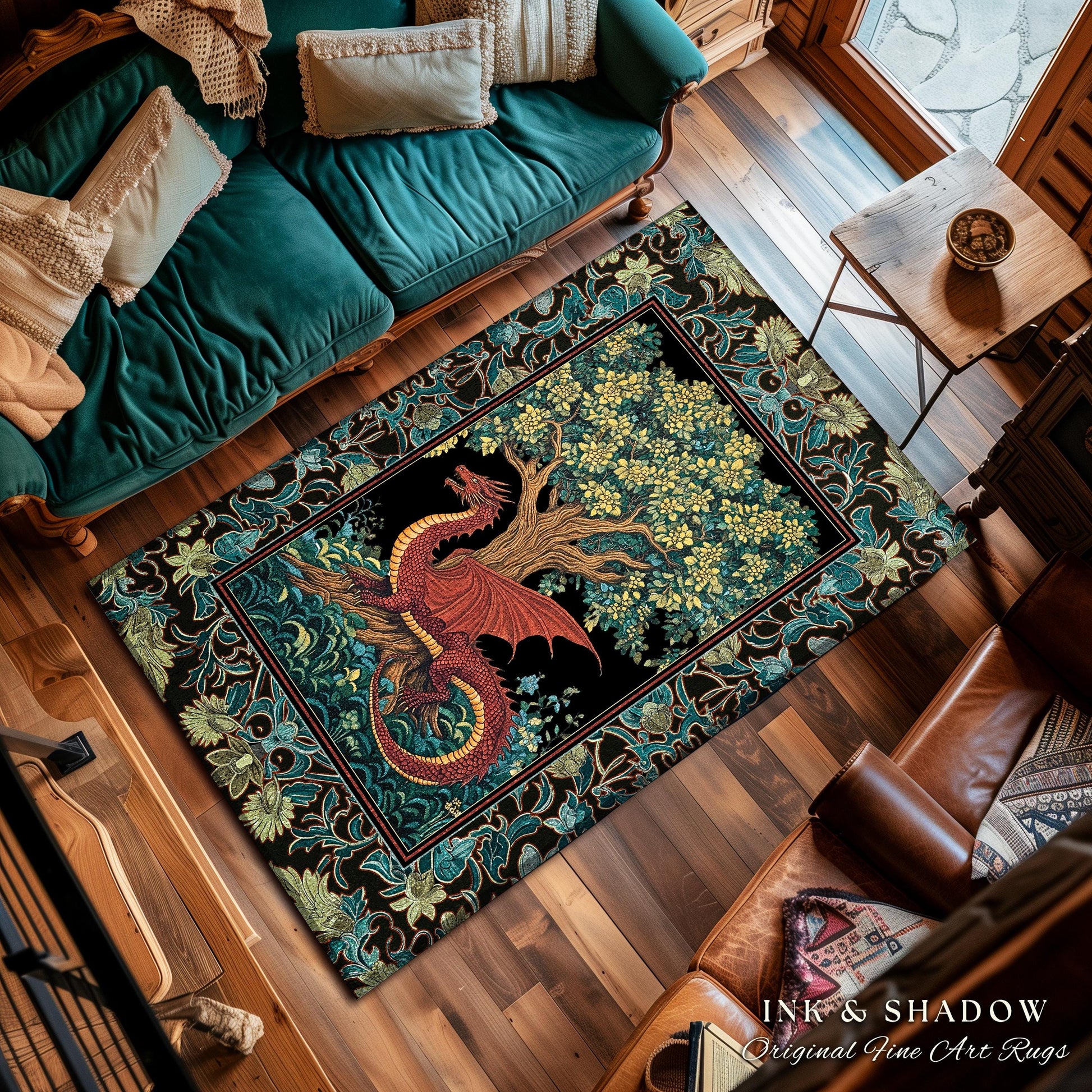 Middle Ages Woven Dragon Rug | Mythical Creatures Woodland Whimsy Fairycore Bedroom Baroque Fantasy Tapestry Area Rug Goblincore Home Accent