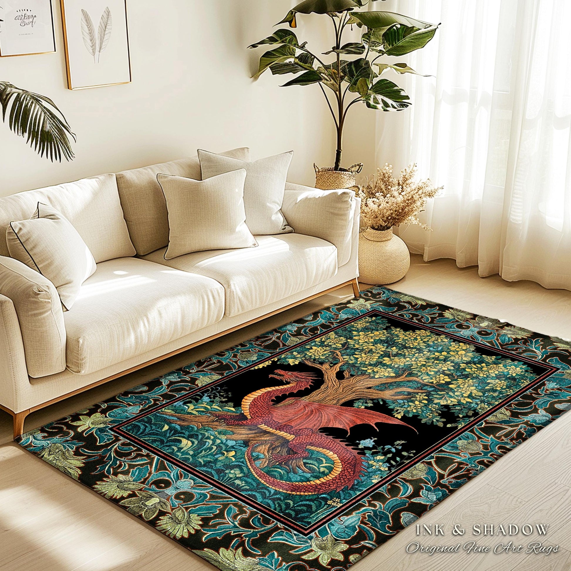 Middle Ages Woven Dragon Rug | Mythical Creatures Woodland Whimsy Fairycore Bedroom Baroque Fantasy Tapestry Area Rug Goblincore Home Accent