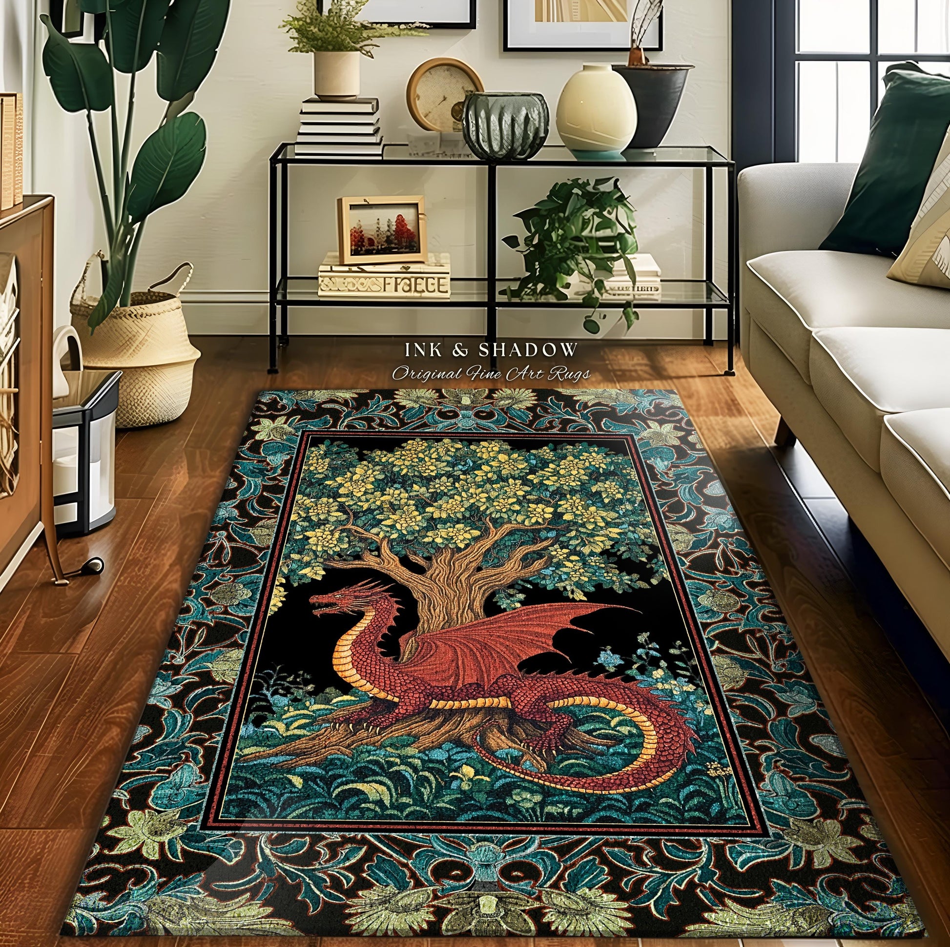 Middle Ages Woven Dragon Rug | Mythical Creatures Woodland Whimsy Fairycore Bedroom Baroque Fantasy Tapestry Area Rug Goblincore Home Accent