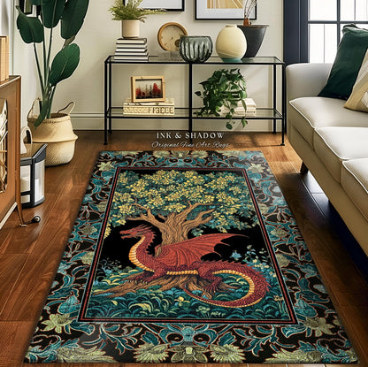 Middle Ages Woven Dragon Rug | Mythical Creatures Woodland Whimsy Fairycore Bedroom Baroque Fantasy Tapestry Area Rug Goblincore Home Accent