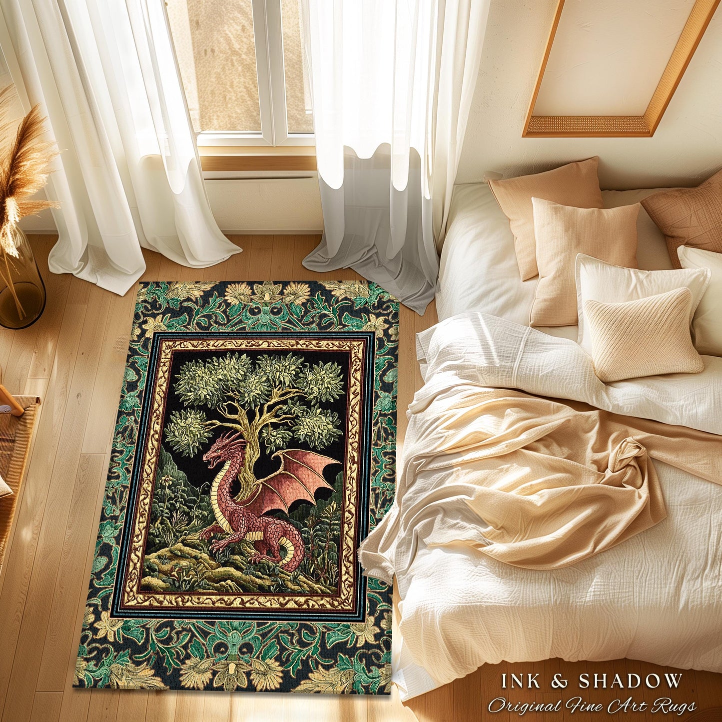 Fairytale Gothic Dragon Area Rug | Whimsical Fantasy Dark Cottagecore Aesthetic Medieval Accent Rug Moody Bedroom Gothic Maximalist Theme