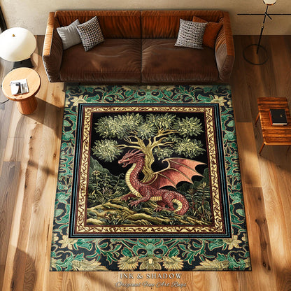 Fairytale Gothic Dragon Area Rug | Whimsical Fantasy Dark Cottagecore Aesthetic Medieval Accent Rug Moody Bedroom Gothic Maximalist Theme