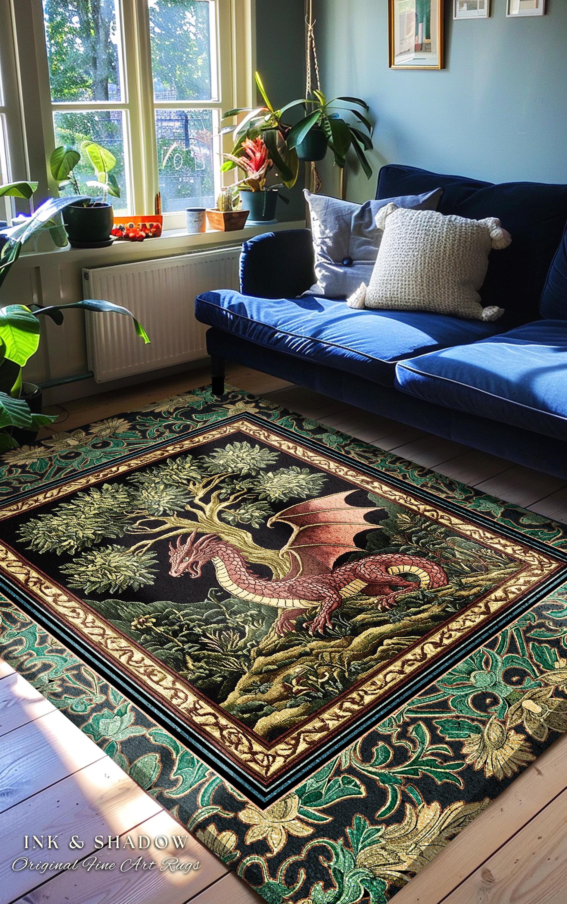 Fairytale Gothic Dragon Area Rug | Whimsical Fantasy Dark Cottagecore Aesthetic Medieval Accent Rug Moody Bedroom Gothic Maximalist Theme