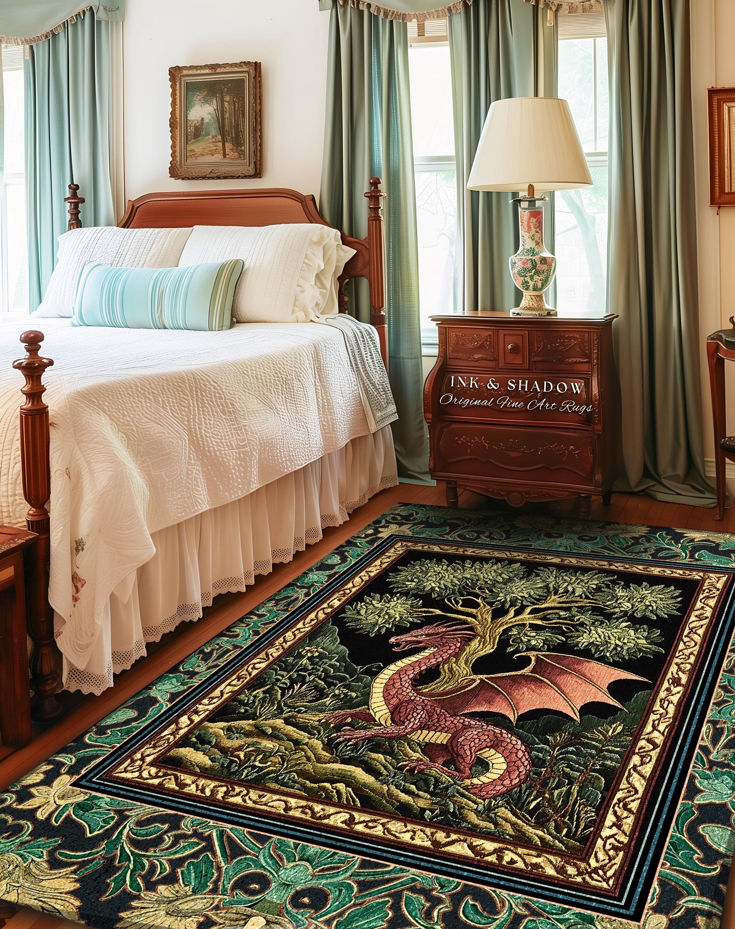 Fairytale Gothic Dragon Area Rug | Whimsical Fantasy Dark Cottagecore Aesthetic Medieval Accent Rug Moody Bedroom Gothic Maximalist Theme