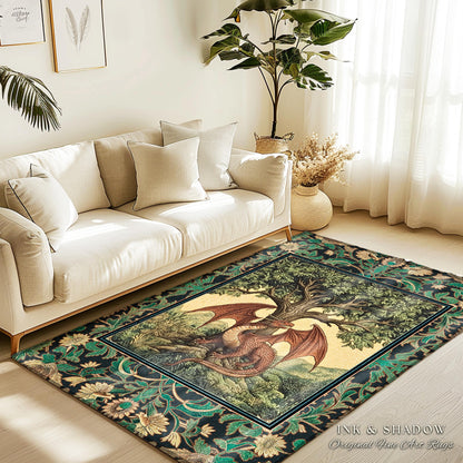 Folklore Aesthetic Dragon Accent Rug | Woodland Fairytale Bedroom Whimsigothic Dark Academia Decor Victorian Folklore Witchy Ethereal Gift |