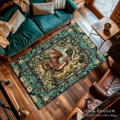 Moody Mythological Dragon Floor Rug | Whimsical Bedroom Dark Medieval Dragon Area Rug Enchanted Gloomy Ethereal Goblincore Style Bedroom |