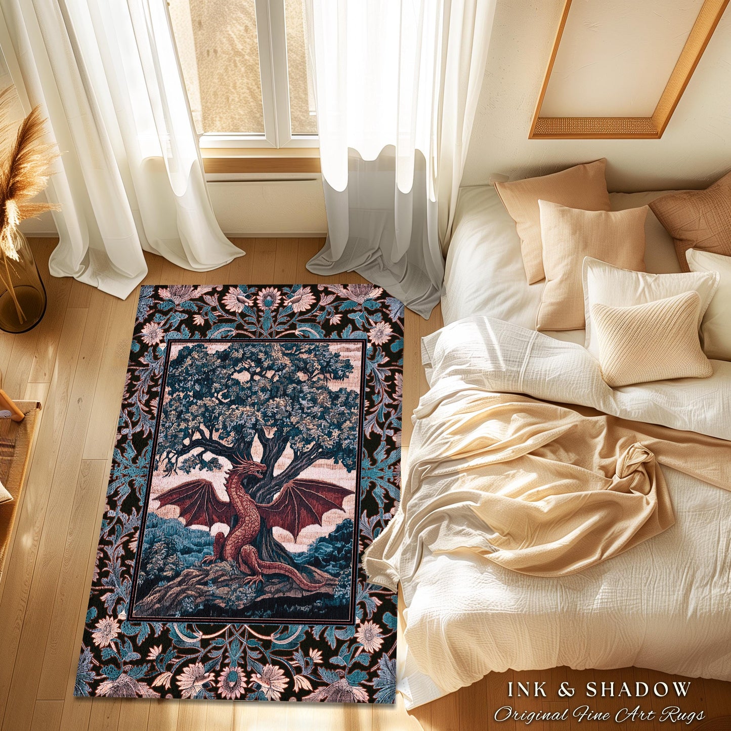 Rustic Medieval Fantasy Dragon Area Rug | Romantic Aesthetic Baroque Bedroom Fantasy Tree of Life Botanical Mythical Creatures Bedroom Art |