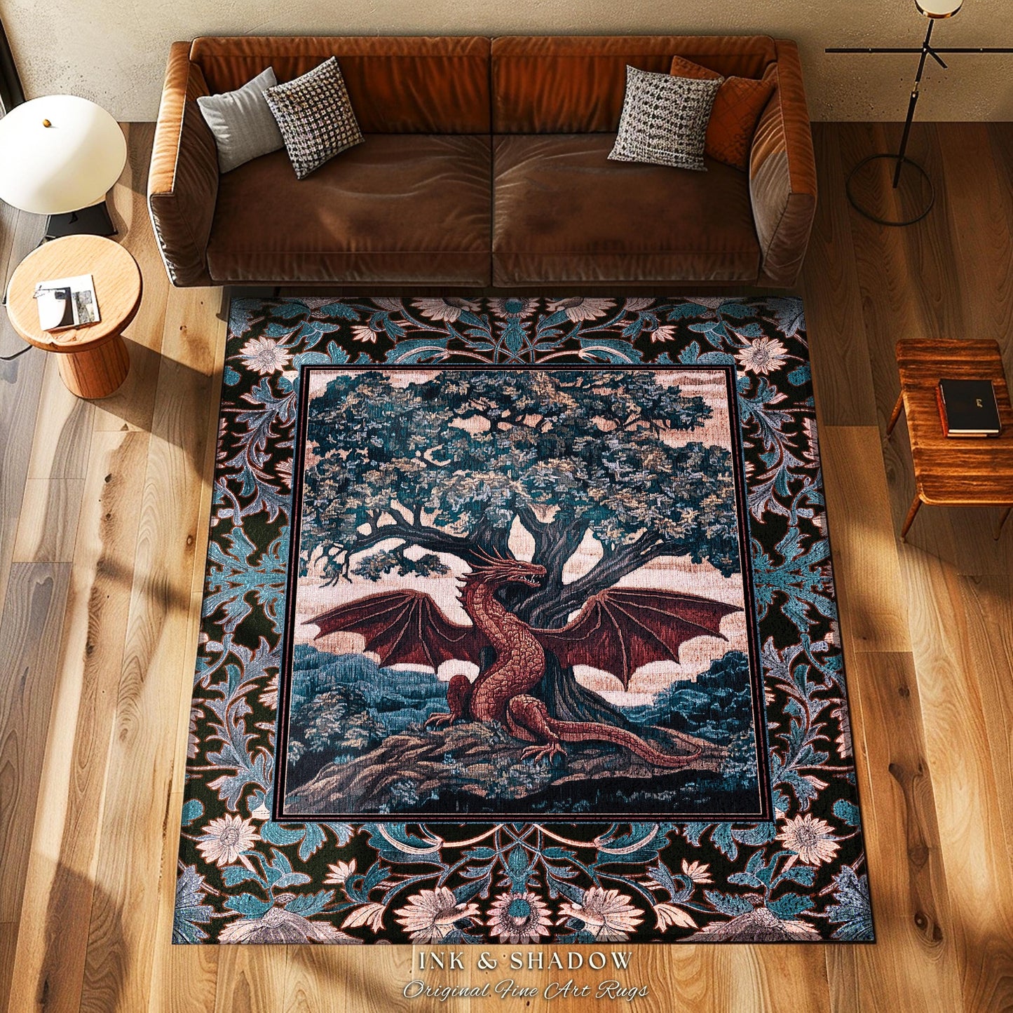 Rustic Medieval Fantasy Dragon Area Rug | Romantic Aesthetic Baroque Bedroom Fantasy Tree of Life Botanical Mythical Creatures Bedroom Art |