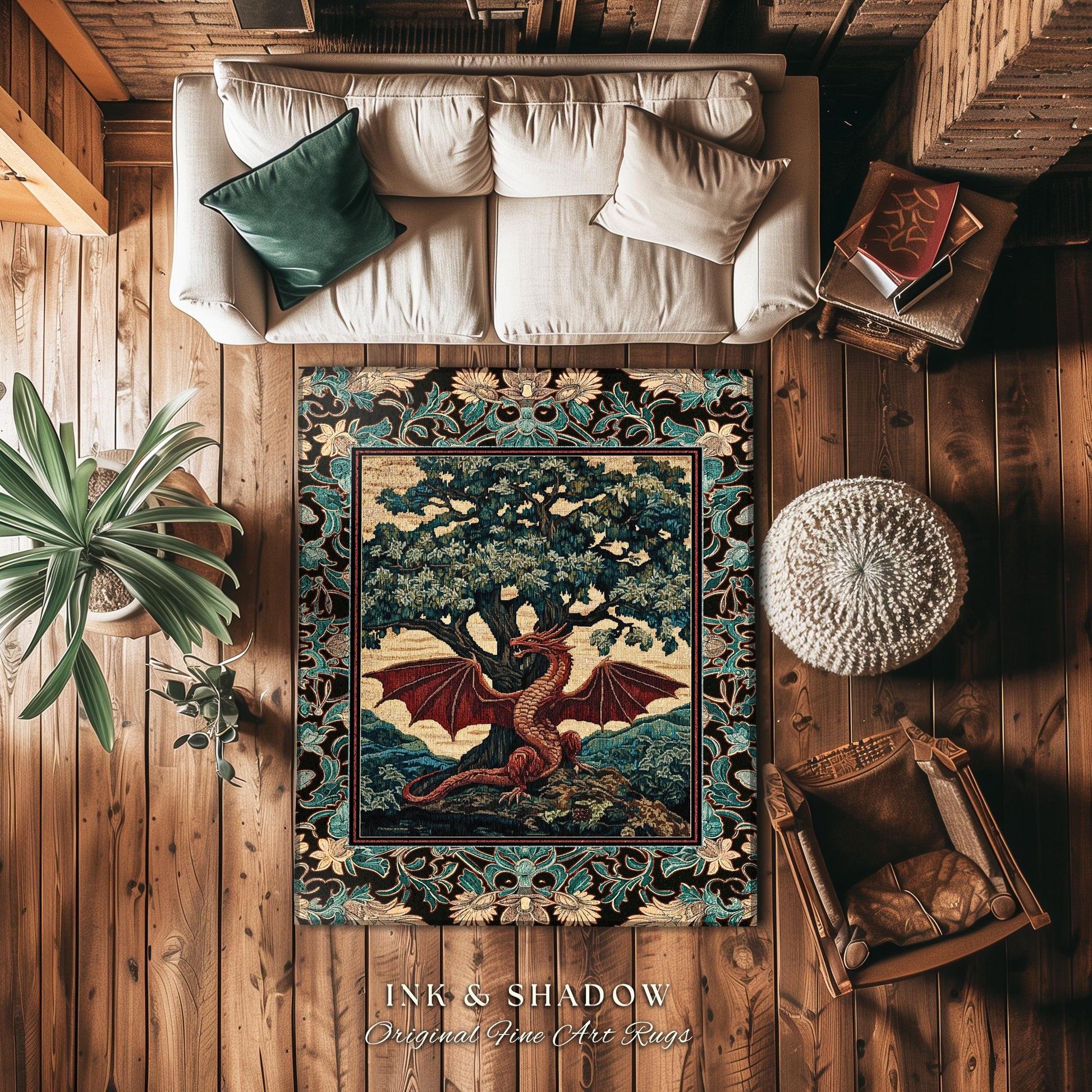 Dark Magic Medieval Dragon Area Rug | Fantasy Aesthetic Gothic Baroque Bedroom Tree of Life Mythical Creatures Bedroom Book Nook Carpet Rug