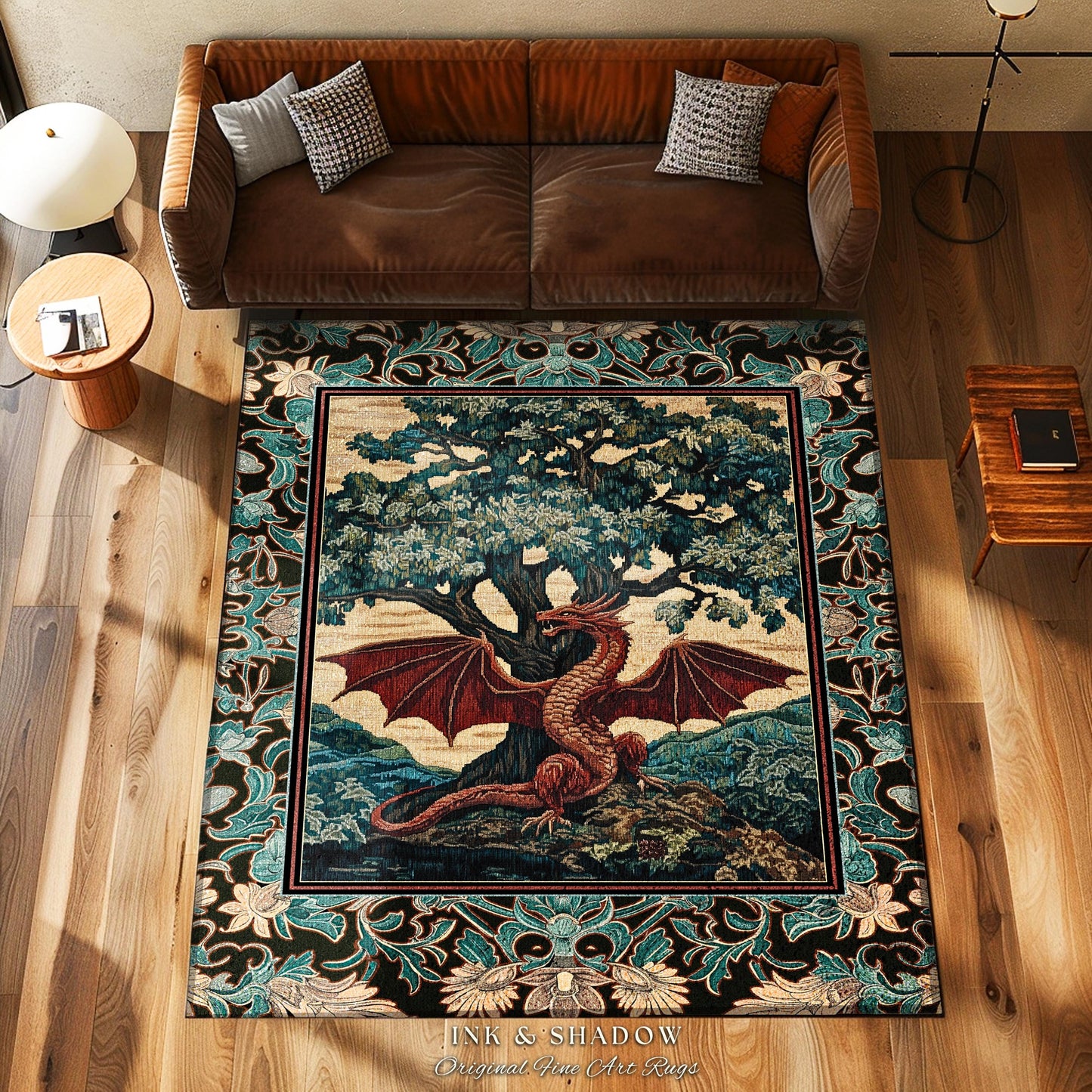 Dark Magic Medieval Dragon Area Rug | Fantasy Aesthetic Gothic Baroque Bedroom Tree of Life Mythical Creatures Bedroom Book Nook Carpet Rug