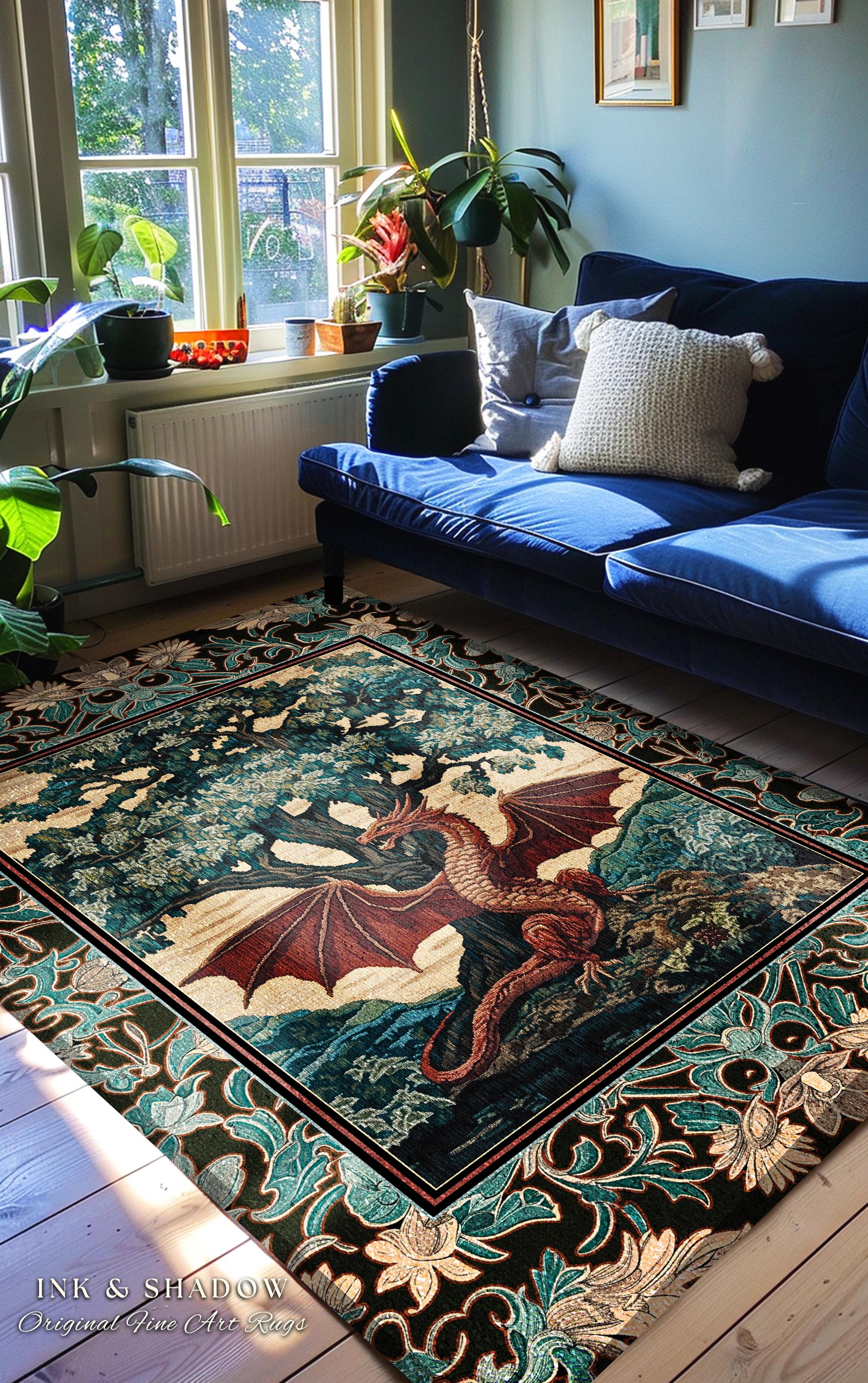 Dark Magic Medieval Dragon Area Rug | Fantasy Aesthetic Gothic Baroque Bedroom Tree of Life Mythical Creatures Bedroom Book Nook Carpet Rug