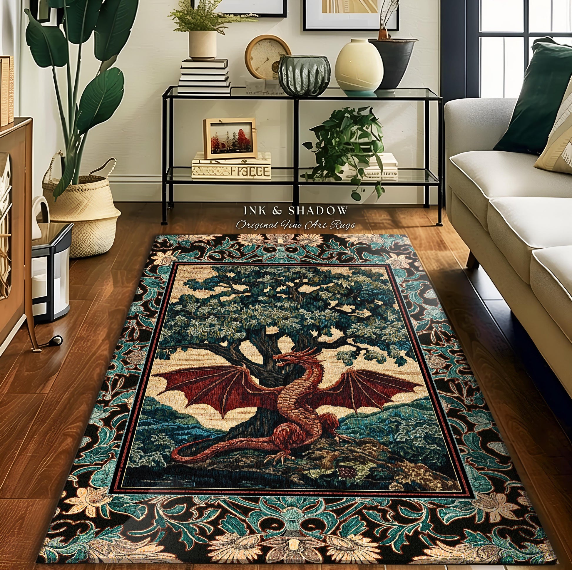 Dark Magic Medieval Dragon Area Rug | Fantasy Aesthetic Gothic Baroque Bedroom Tree of Life Mythical Creatures Bedroom Book Nook Carpet Rug