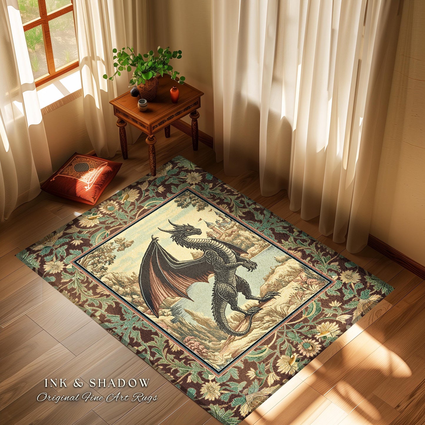 Dark Maximalist Dragon Bedroom Rug | Victorian Floral Woodland Fairytale Accent Rug Whimsigothic Dark Academia Decor Mystic Folklore Decor |