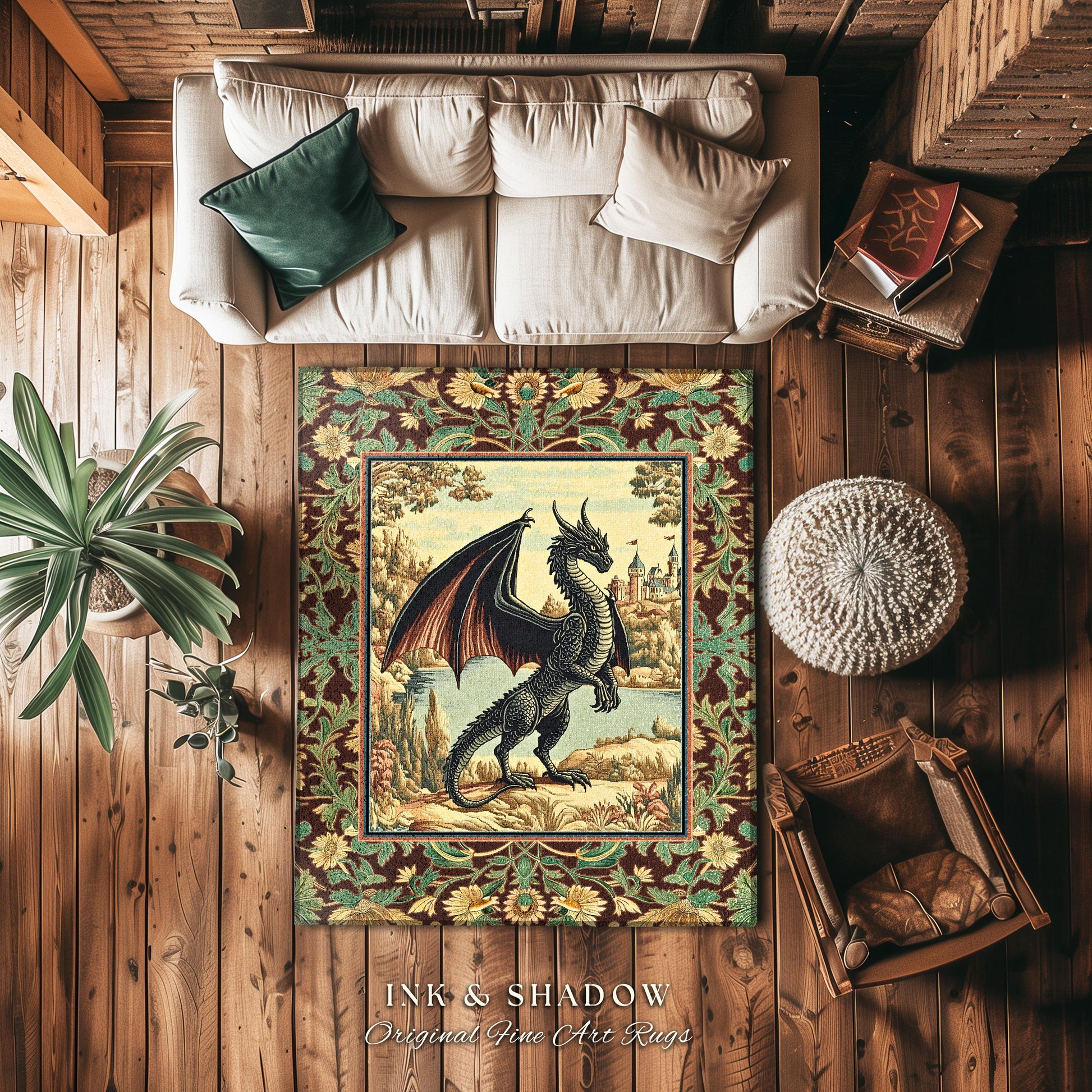 Dark Maximalist Dragon Bedroom Rug | Victorian Floral Woodland Fairytale Accent Rug Whimsigothic Dark Academia Decor Mystic Folklore Decor |