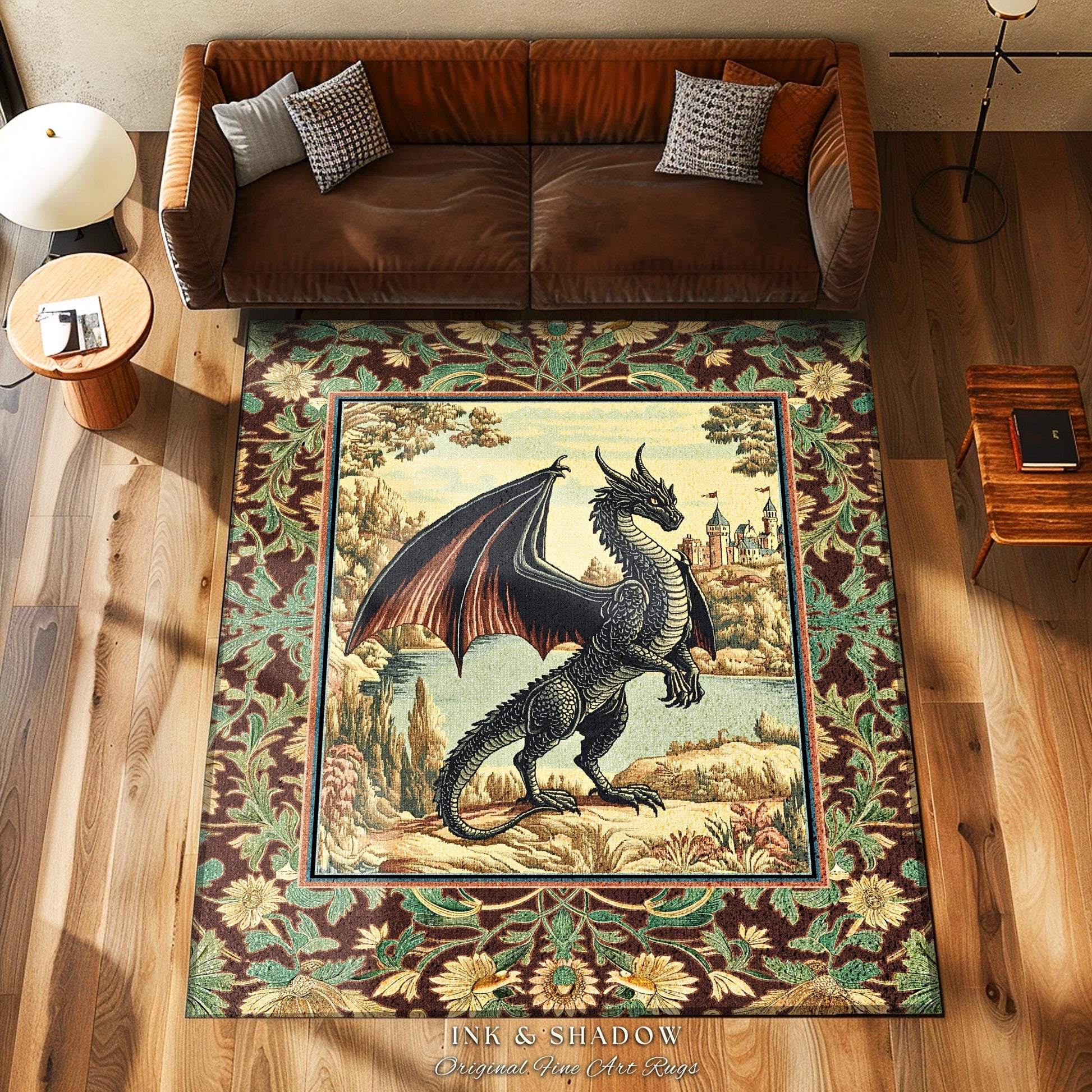 Dark Maximalist Dragon Bedroom Rug | Victorian Floral Woodland Fairytale Accent Rug Whimsigothic Dark Academia Decor Mystic Folklore Decor |