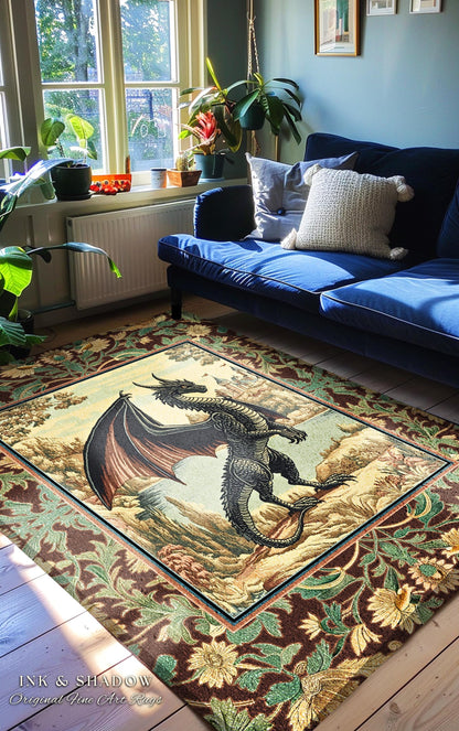 Dark Maximalist Dragon Bedroom Rug | Victorian Floral Woodland Fairytale Accent Rug Whimsigothic Dark Academia Decor Mystic Folklore Decor |