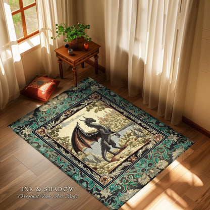 Dark Medieval Storybook Dragon Rug | Fairytale Theme Ornate Dark Academia Gothic Woodland Ornate Bedroom Botanical Bedroom Accent Maximalist