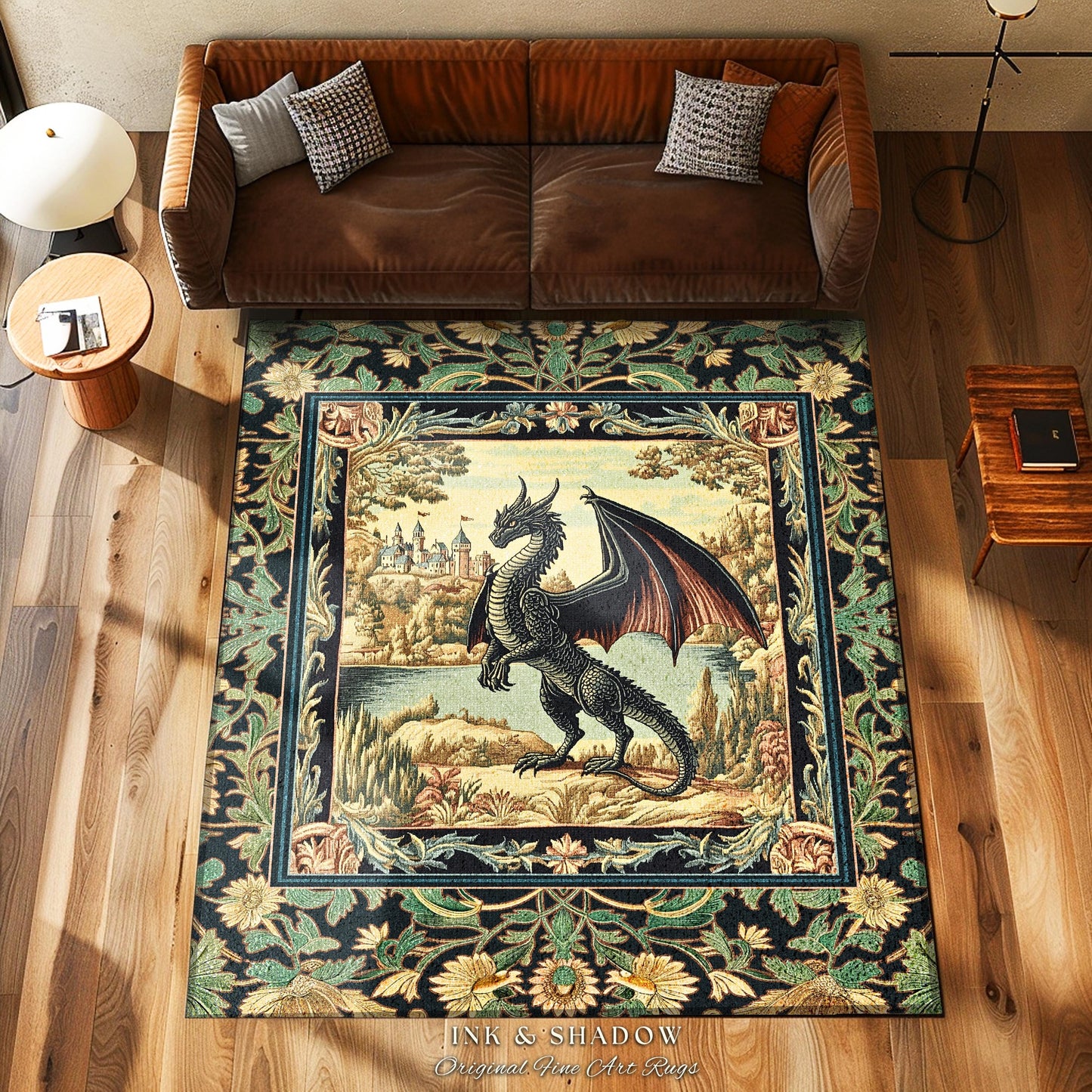 Black Dragon Royal Elegance Rug | Storybook Gilt Gothic Carpet Woodland Medieval Ornate Bedroom Ethereal Fairytale Botanical Bedroom Accent
