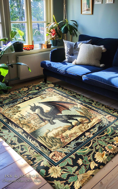 Black Dragon Royal Elegance Rug | Storybook Gilt Gothic Carpet Woodland Medieval Ornate Bedroom Ethereal Fairytale Botanical Bedroom Accent