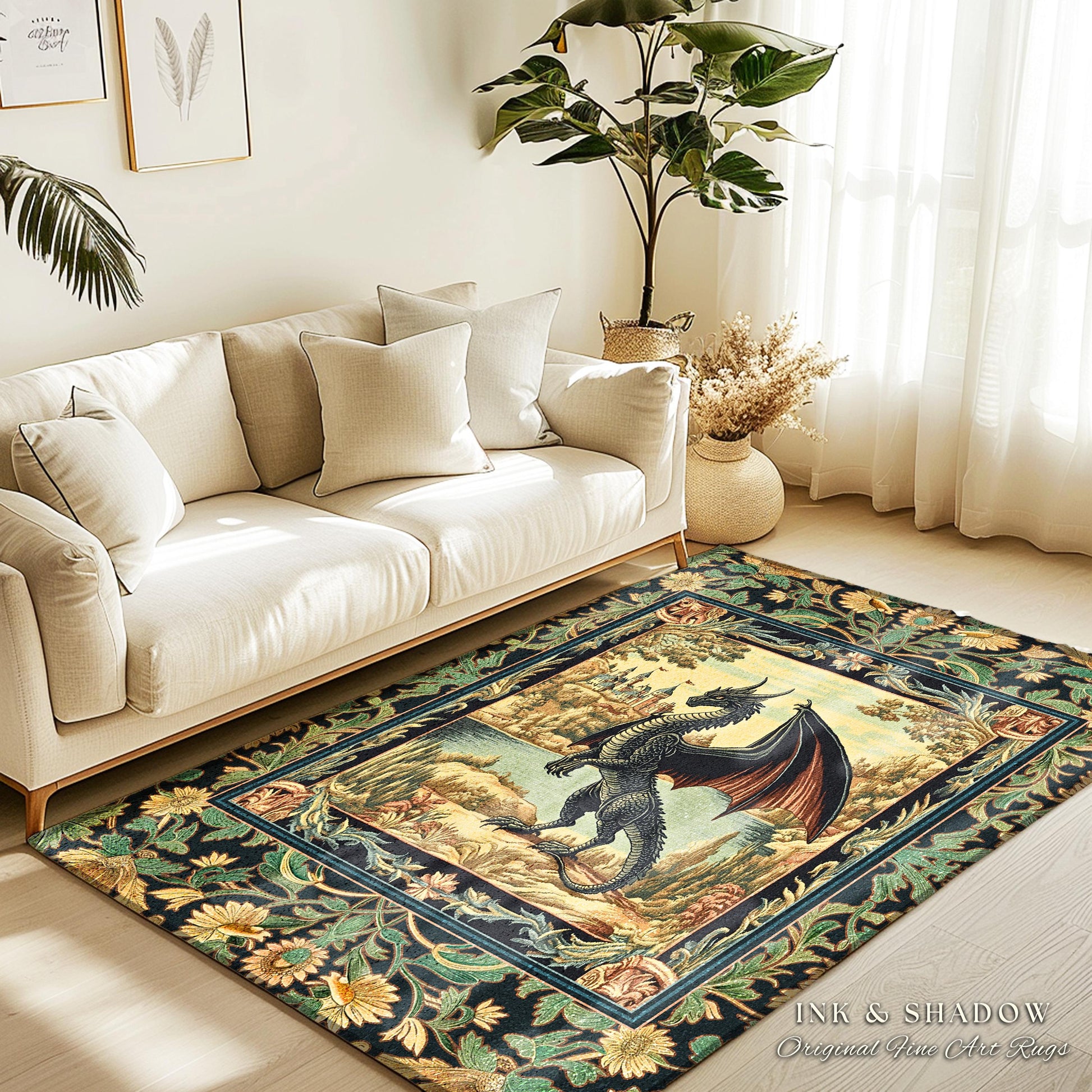 Black Dragon Royal Elegance Rug | Storybook Gilt Gothic Carpet Woodland Medieval Ornate Bedroom Ethereal Fairytale Botanical Bedroom Accent