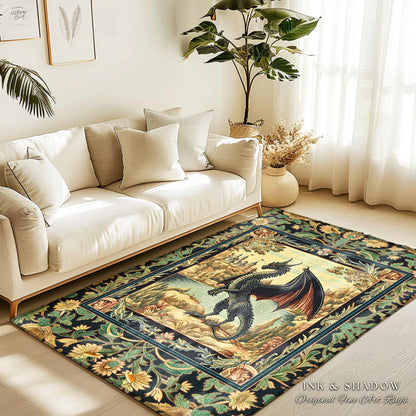 Black Dragon Royal Elegance Rug | Storybook Gilt Gothic Carpet Woodland Medieval Ornate Bedroom Ethereal Fairytale Botanical Bedroom Accent