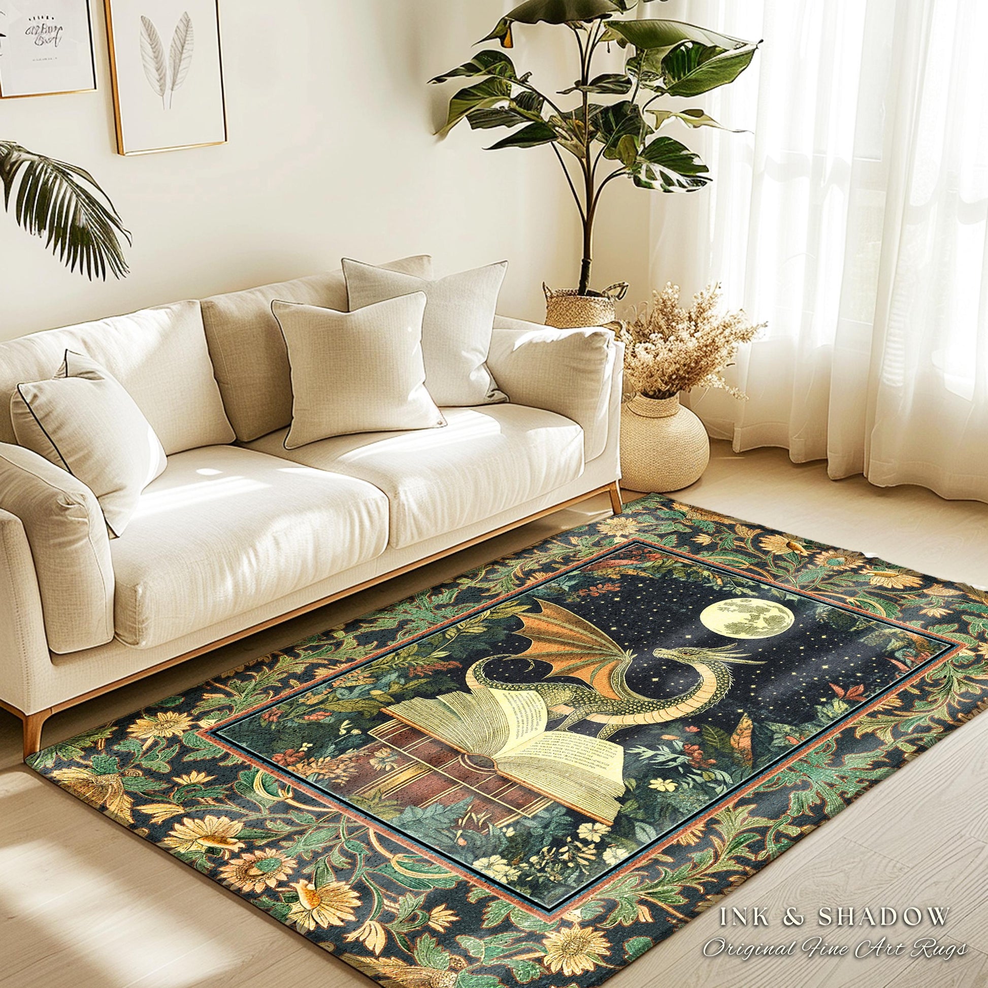 Fantasy Dragon Rug Medieval | Moonlit Library Dark Victorian Floral Woodland Fairytale Accent Rug Forestcore Dark Academia Book Home Decor