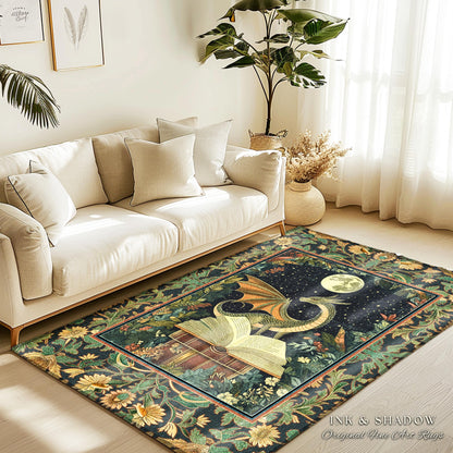 Fantasy Dragon Rug Medieval | Moonlit Library Dark Victorian Floral Woodland Fairytale Accent Rug Forestcore Dark Academia Book Home Decor