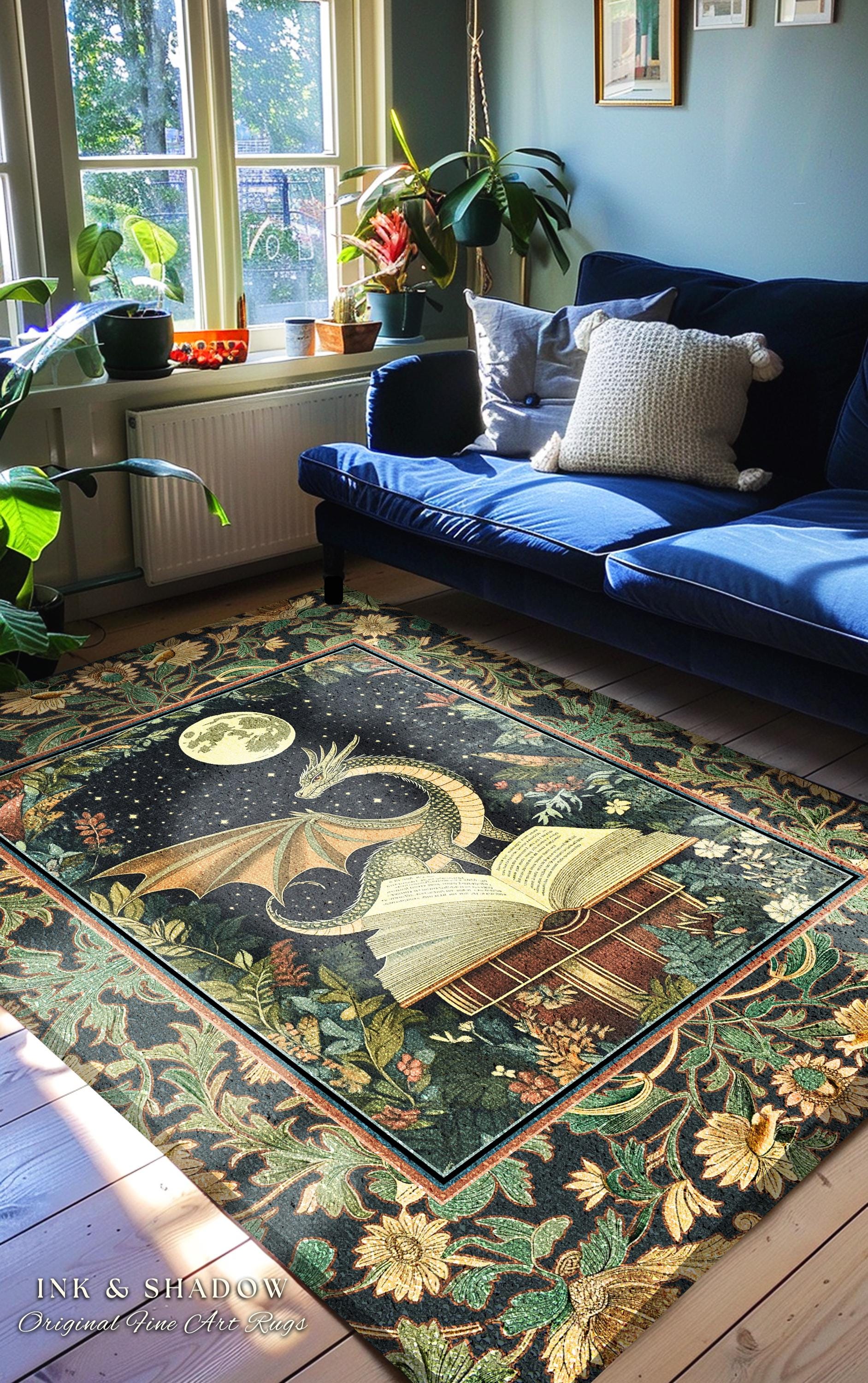 Fantasy Dragon Rug Medieval | Moonlit Library Dark Victorian Floral Woodland Fairytale Accent Rug Forestcore Dark Academia Book Home Decor