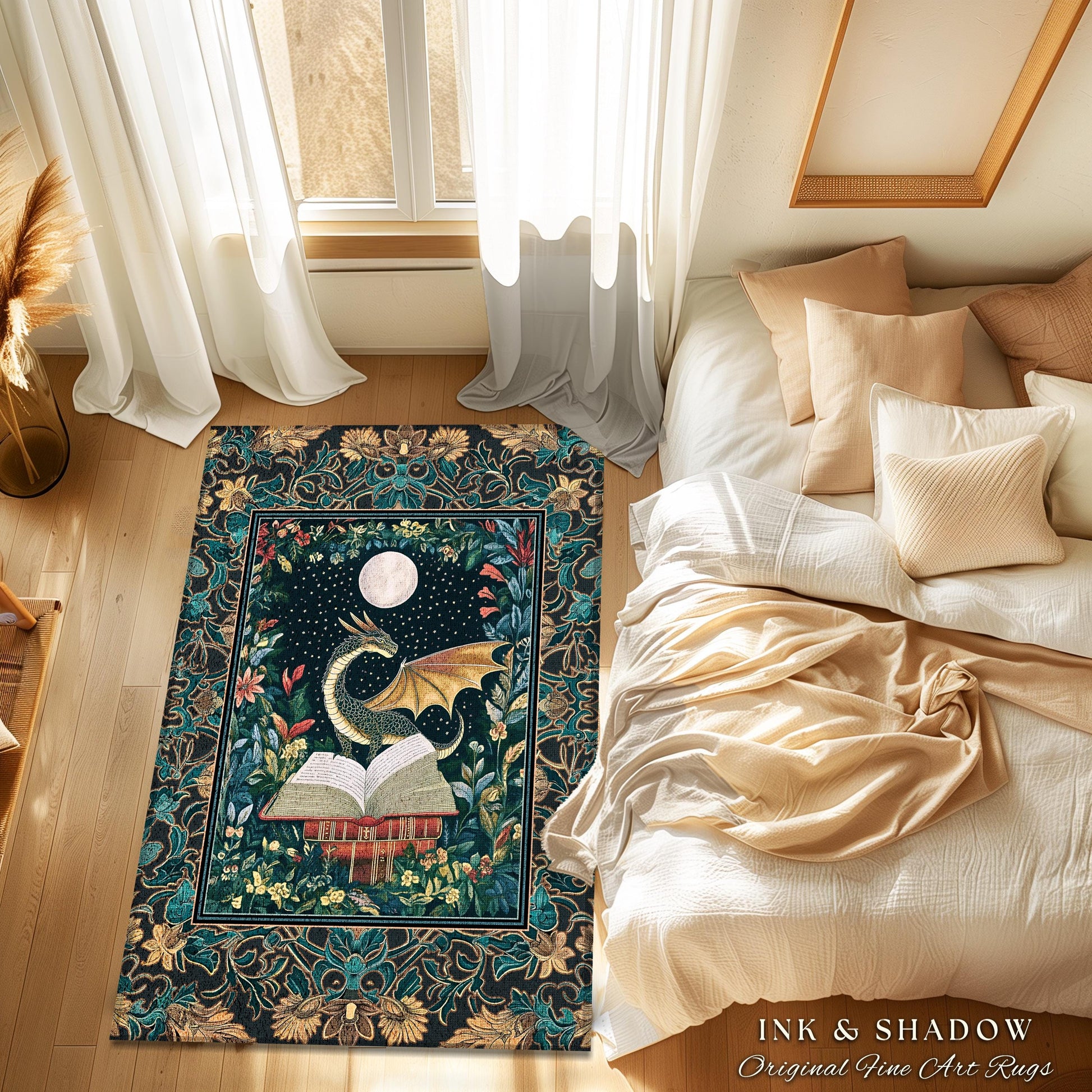 Witchy Moonlit Dragon Accent Rug | Book Lover Bedroom Fantasy Fairytale Style Fairycore Cottagecore Aesthetic Enchanting Area Rug Ethereal |