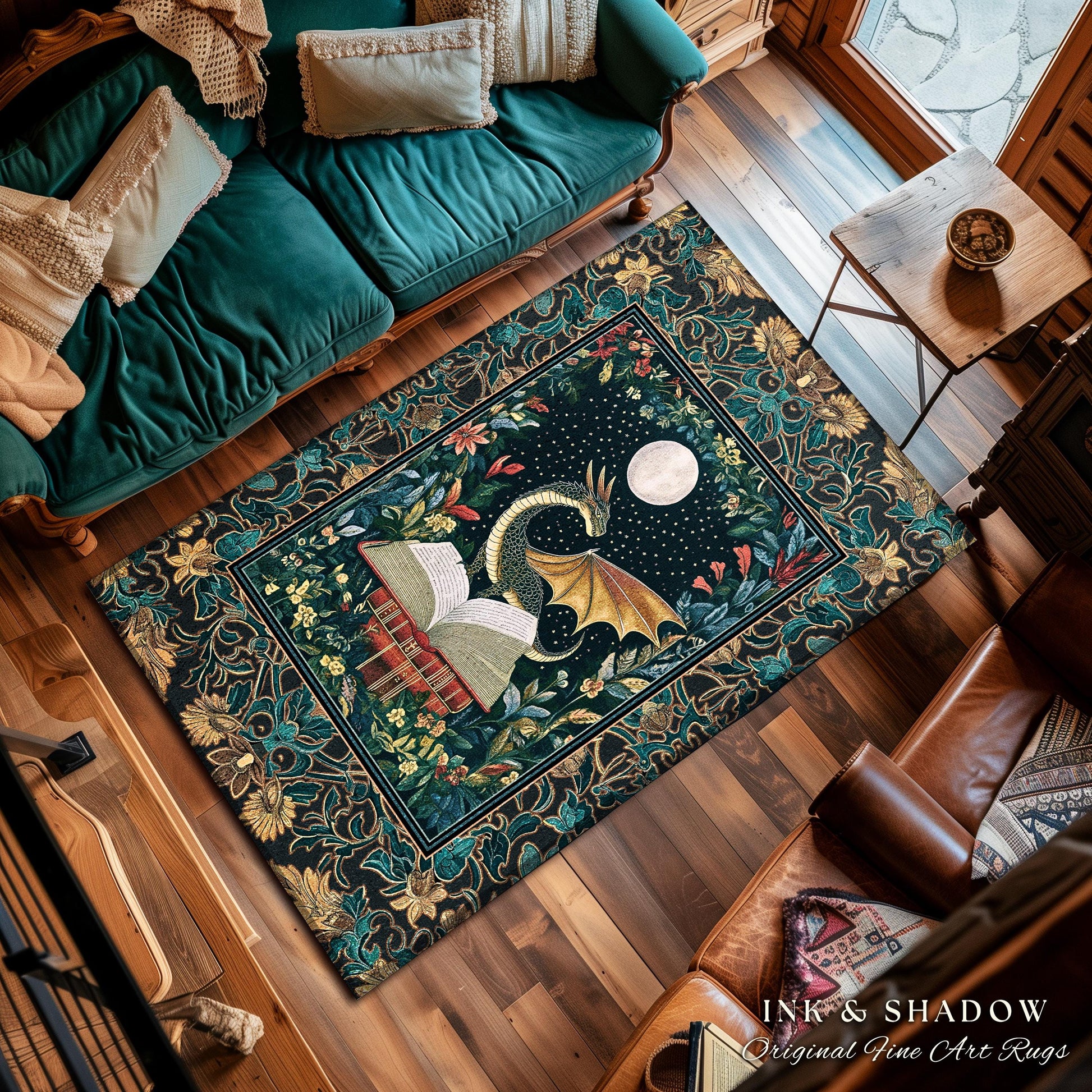 Witchy Moonlit Dragon Accent Rug | Book Lover Bedroom Fantasy Fairytale Style Fairycore Cottagecore Aesthetic Enchanting Area Rug Ethereal |