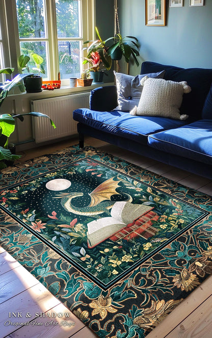 Witchy Moonlit Dragon Accent Rug | Book Lover Bedroom Fantasy Fairytale Style Fairycore Cottagecore Aesthetic Enchanting Area Rug Ethereal |