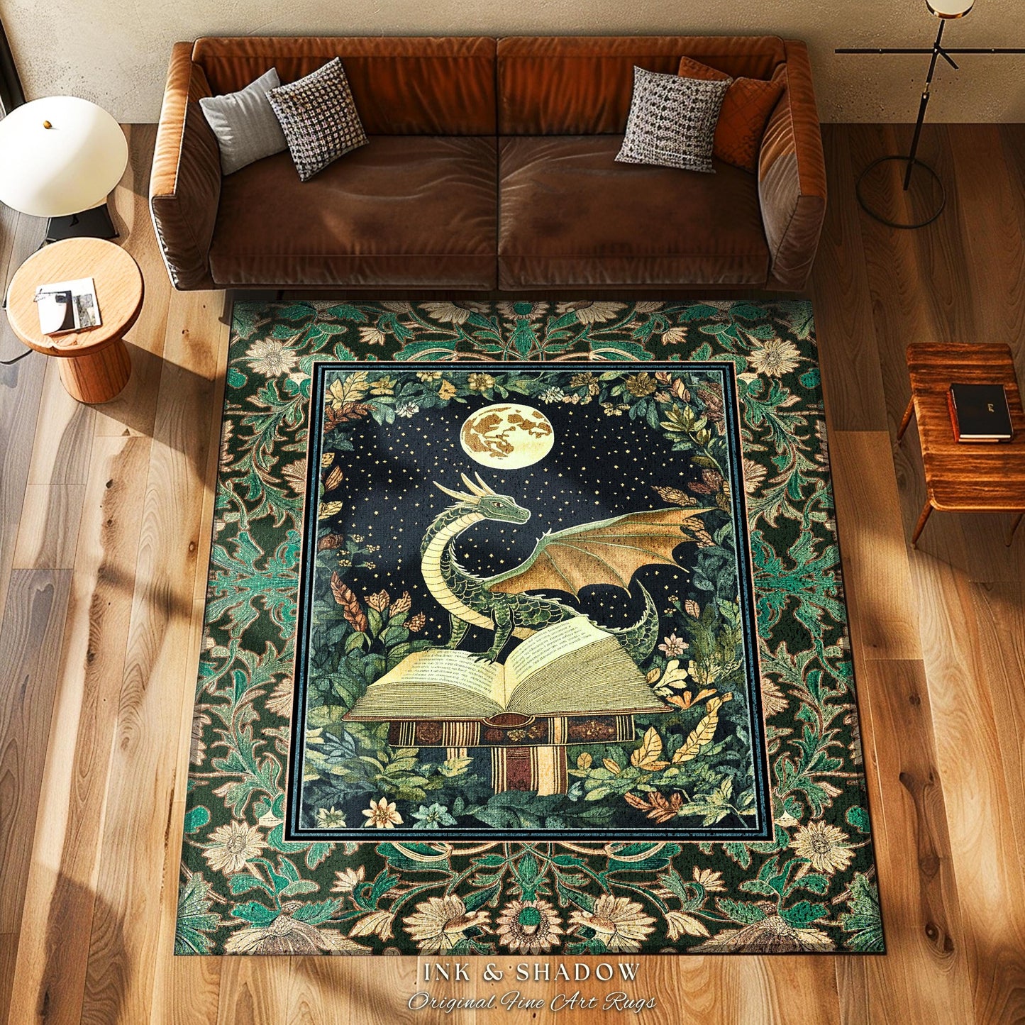 Medieval Library Cozy Reading Rug | Dragon Aesthetic Whimsigothic Dark Academia Decor for Book Nook Crowcore Fairytale Bedroom Rug Victorian